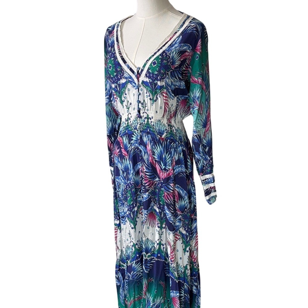 Melissa Odabash Maxi Dress Tropical Mandala Women Size M Smocked Waist Boho